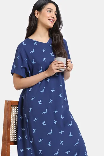 Buy Zivame Avian Florals Woven Mid Length Nightdress - Bellwether Blue
